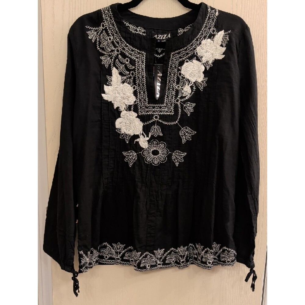 Aziza Black Embroidered Peasant Tunic Top Women’s XL NWT